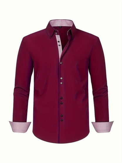 Men's long-sleeve button-down shirt with contrasting patterned cuffs and collar trim