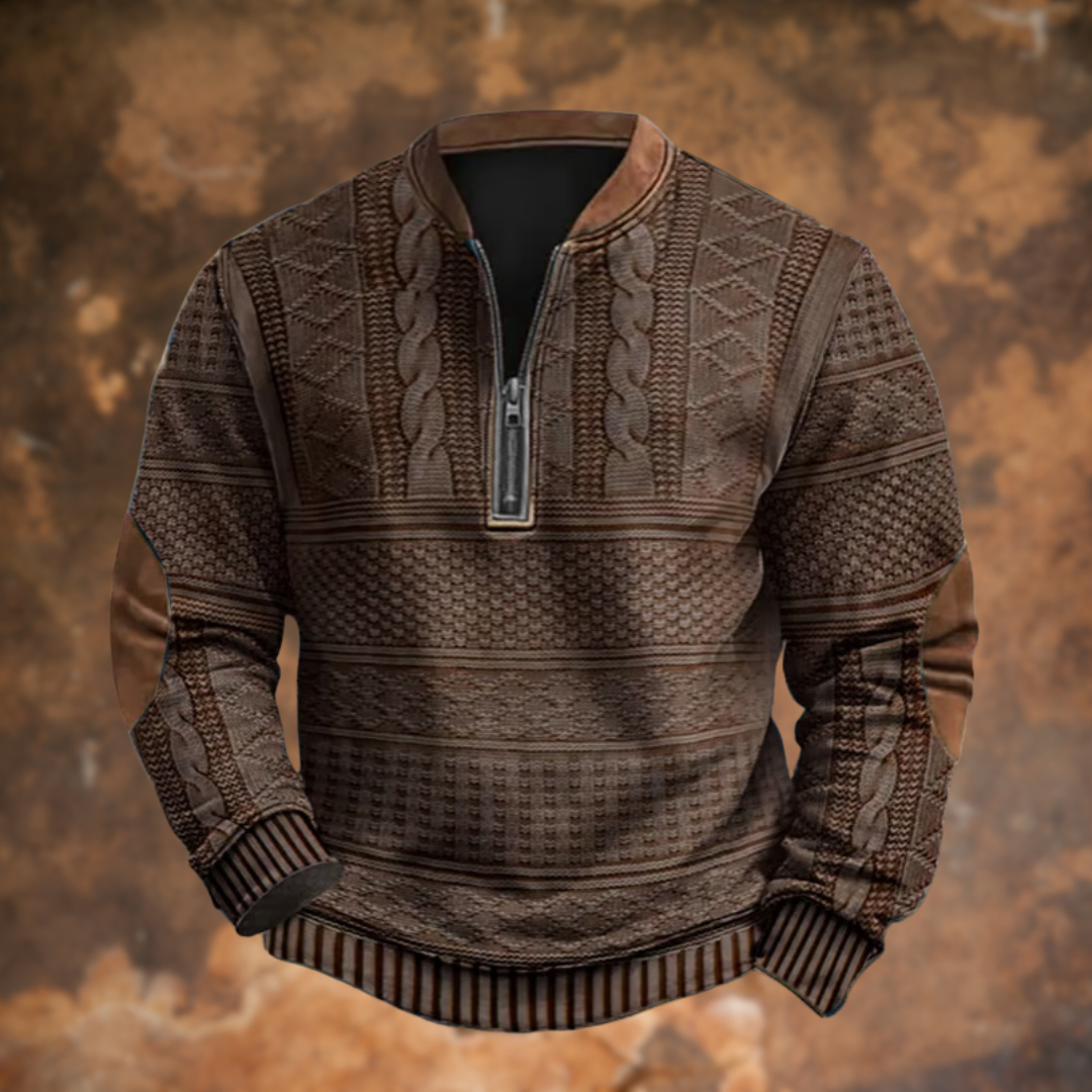 Men's textured patterned quarter-zip sweater with Mandarin collar and long sleeves