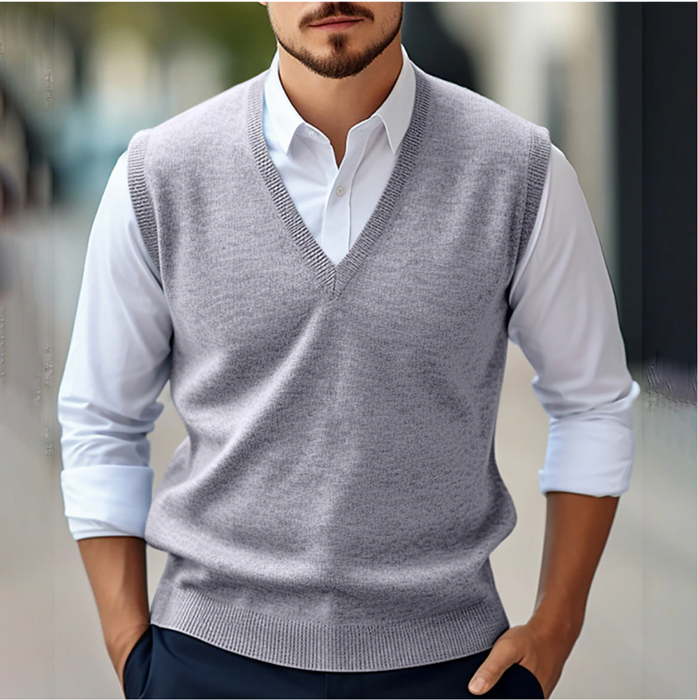 Men's sleeveless V-neck jumper vest with ribbed trim