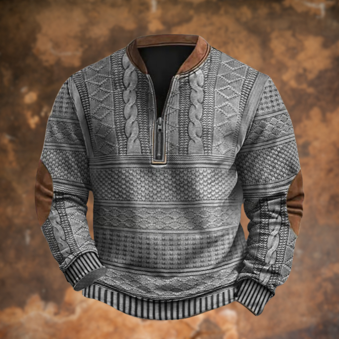 Men's textured patterned quarter-zip sweater with Mandarin collar and long sleeves