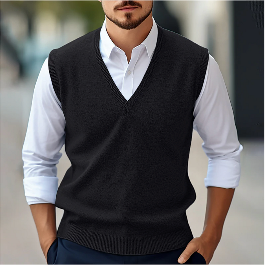Men's sleeveless V-neck jumper vest with ribbed trim