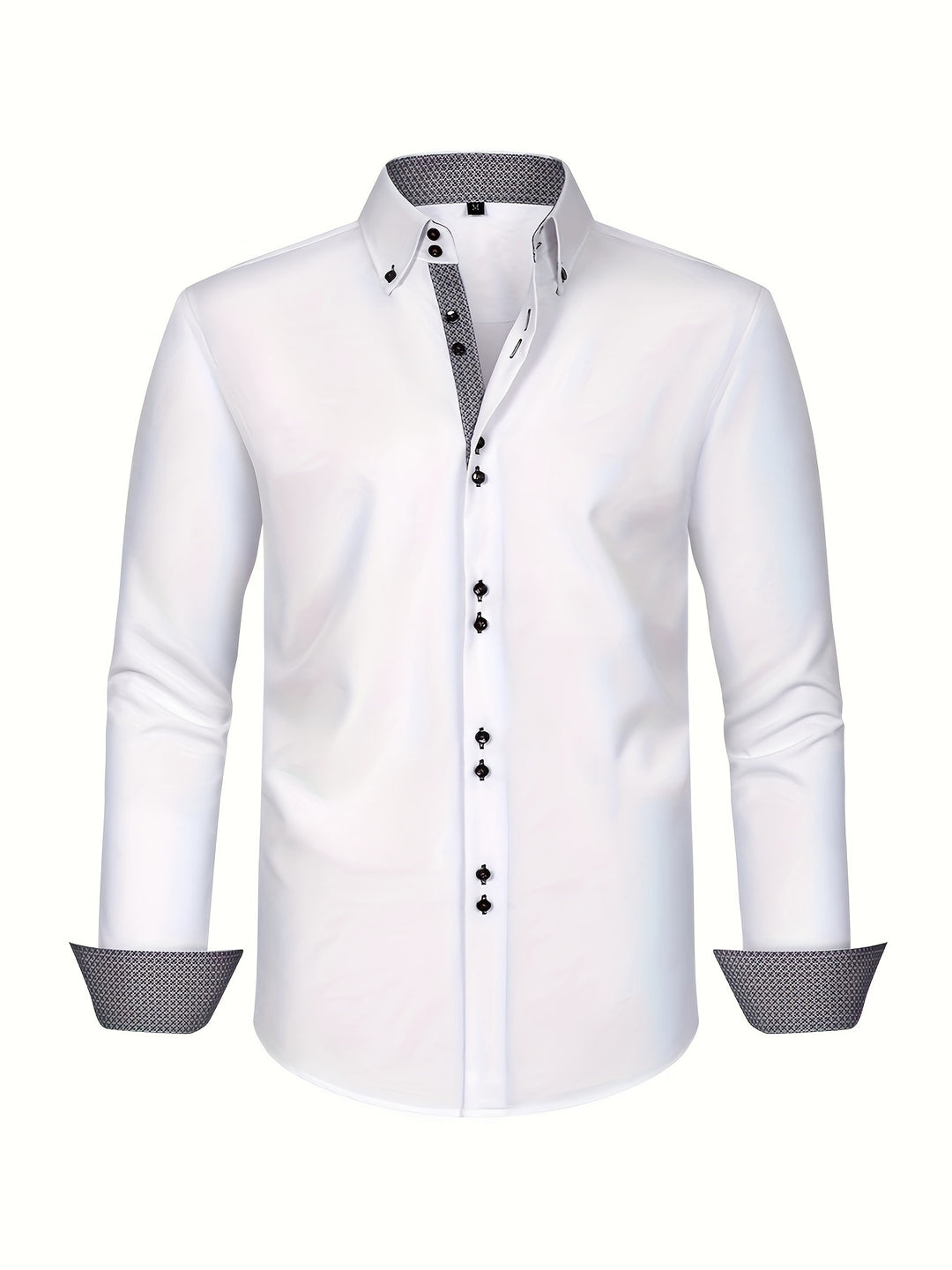 Men's long-sleeve button-down shirt with contrasting patterned cuffs and collar trim