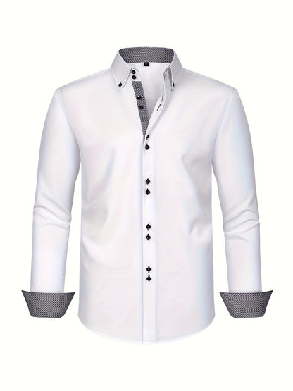 Men's long-sleeve button-down shirt with contrasting patterned cuffs and collar trim