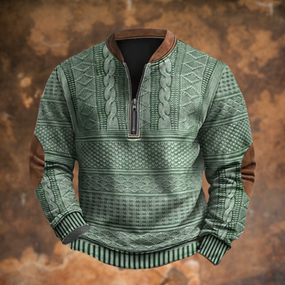 Men's textured patterned quarter-zip sweater with Mandarin collar and long sleeves