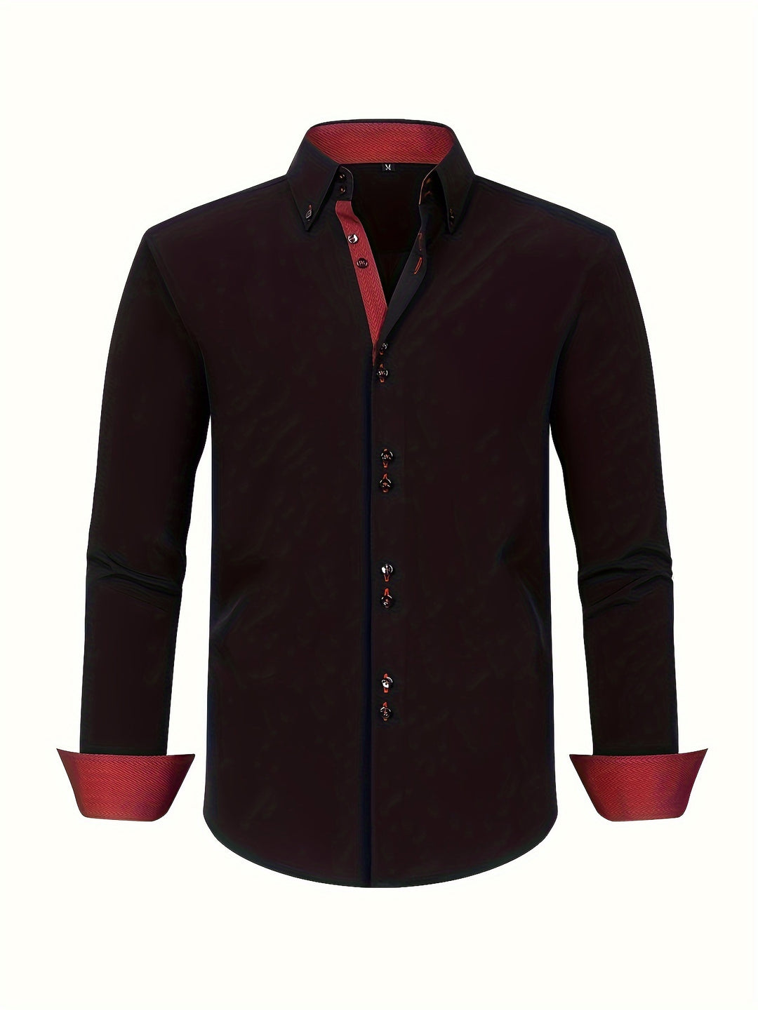Men's long-sleeve button-down shirt with contrasting patterned cuffs and collar trim