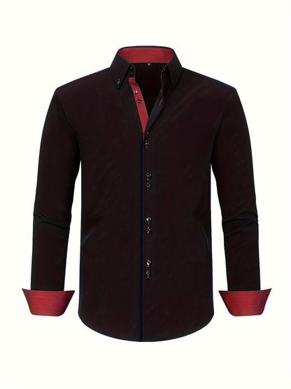 Men's long-sleeve button-down shirt with contrasting patterned cuffs and collar trim