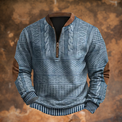 Men's textured patterned quarter-zip sweater with Mandarin collar and long sleeves
