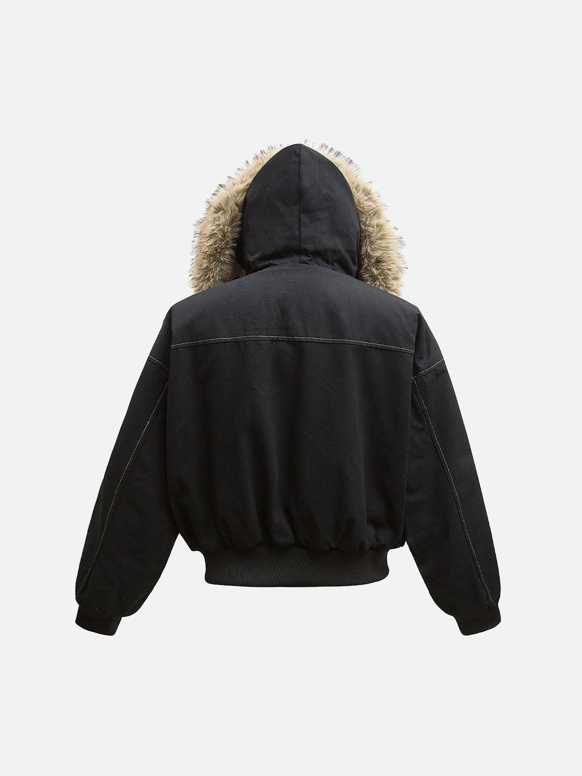 Hooded faux fur lined bomber jacket with zip front