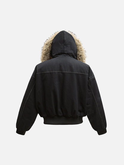 Hooded faux fur lined bomber jacket with zip front