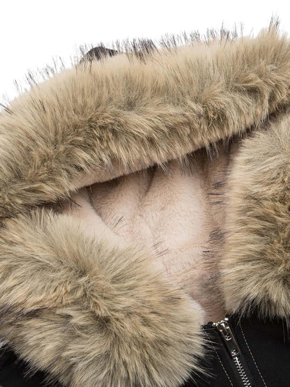 Hooded faux fur lined bomber jacket with zip front