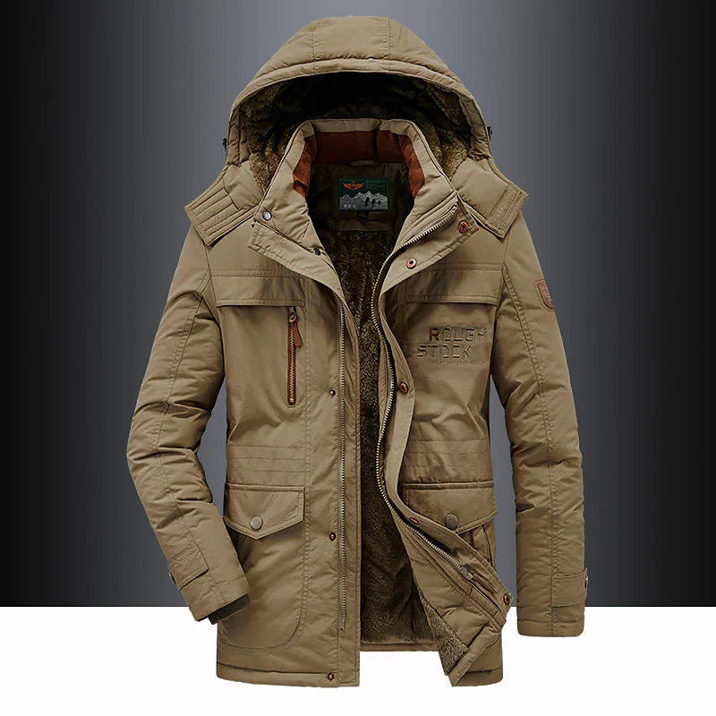 Men's hooded mid-length parka jacket with front zip fastening