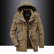 Men's hooded mid-length parka jacket with front zip fastening