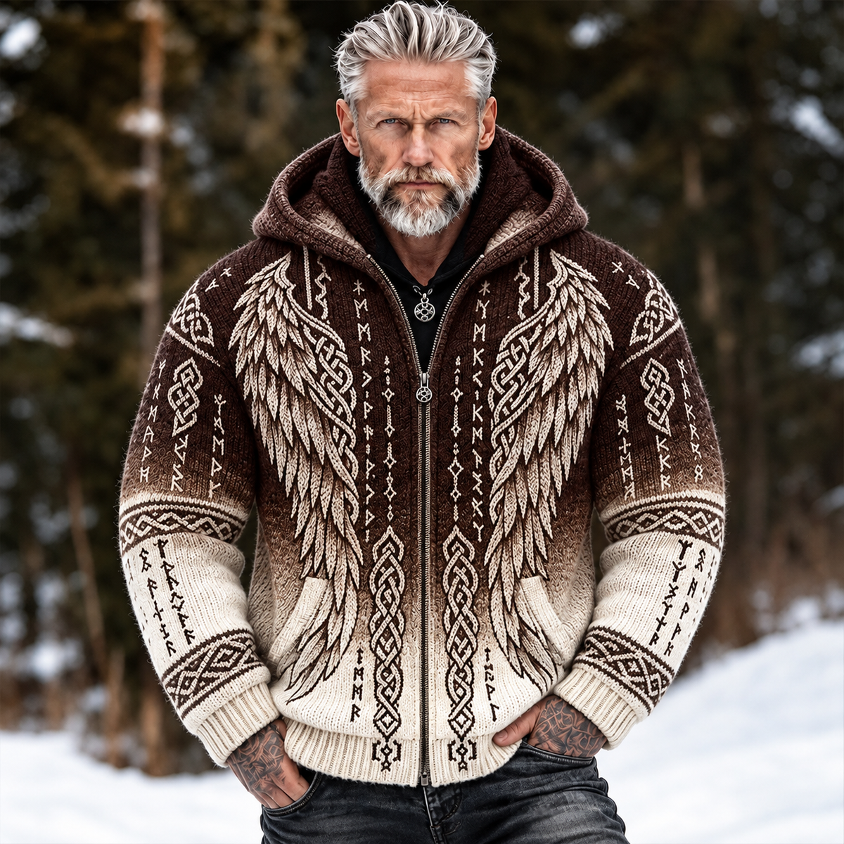 Men's hooded jacquard cardigan sweater with Nordic wing and Celtic knot patterns