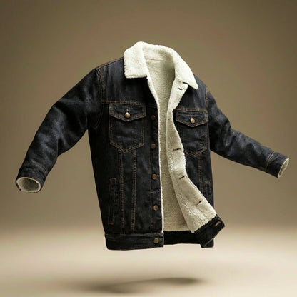 Men's jean-style jacket with contrasting shearling lining, turn-down collar and button front