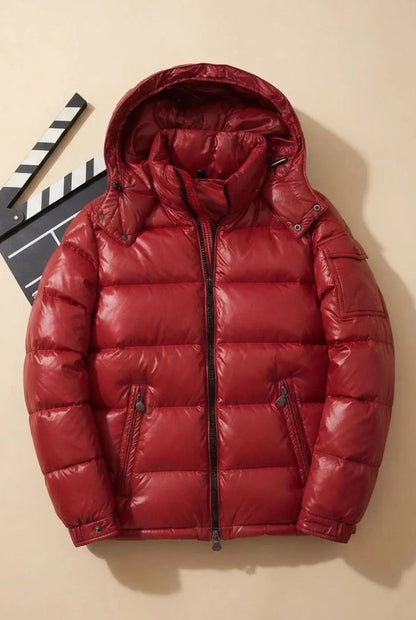 Men's quilted hooded puffer jacket with zip fastening and multiple pockets