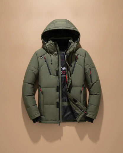 Men's quilted hooded jacket with long sleeves and multiple zipped pockets