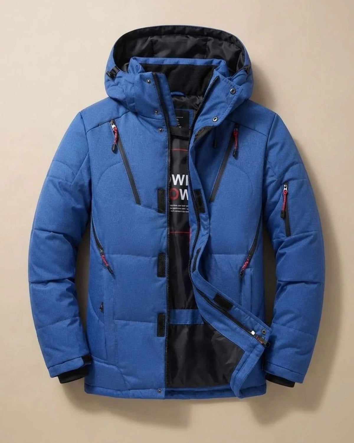 Men's quilted hooded jacket with long sleeves and multiple zipped pockets