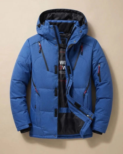 Men's quilted hooded jacket with long sleeves and multiple zipped pockets