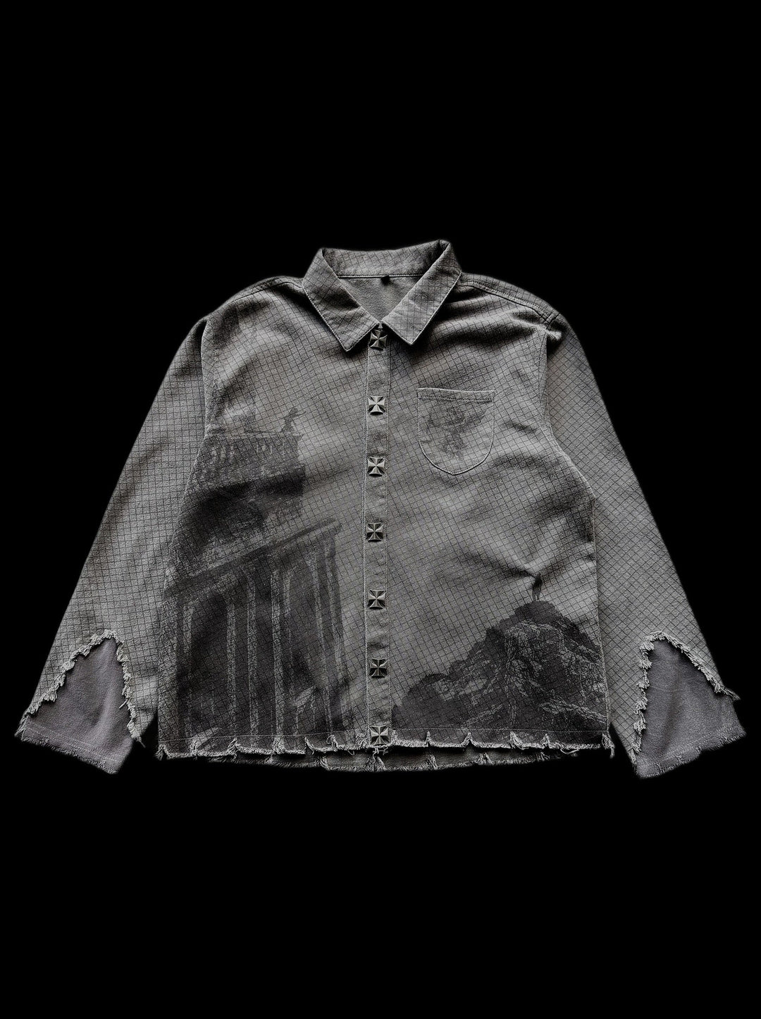 Gray checkered graphic shirt with buttons, chest pocket and frayed edges