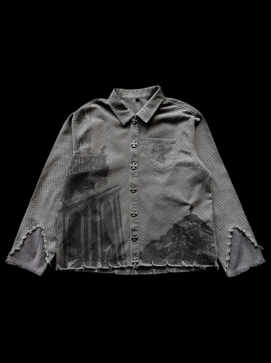 Gray checkered graphic shirt with buttons, chest pocket and frayed edges
