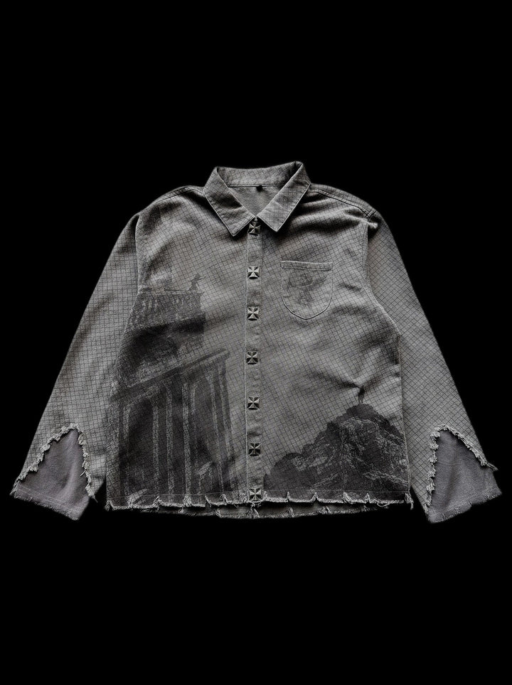 Gray checkered graphic shirt with buttons, chest pocket and frayed edges
