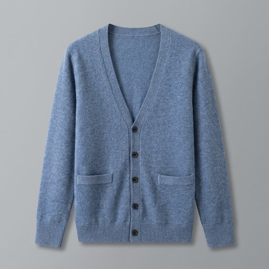 Men's V-neck button cardigan with long sleeves, ribbed trims and front pockets