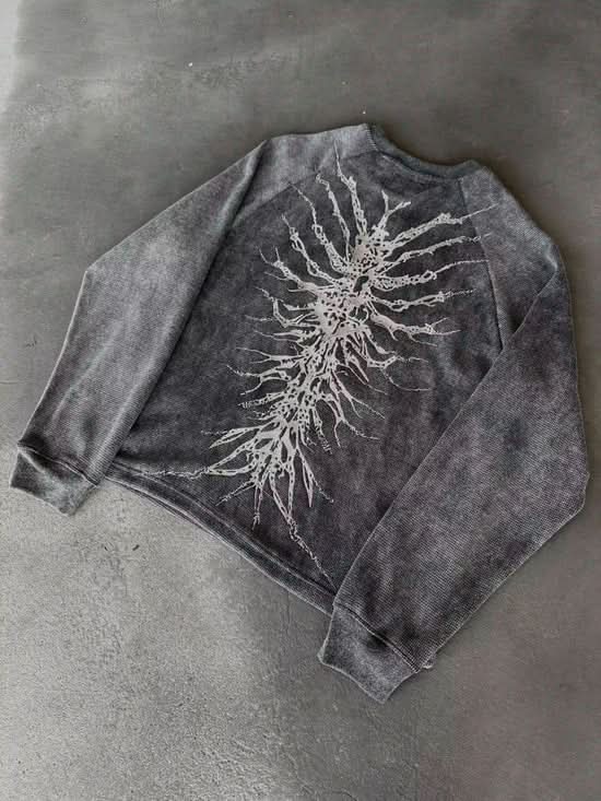 Unisex gray graphic crew neck sweatshirt with skeletal design