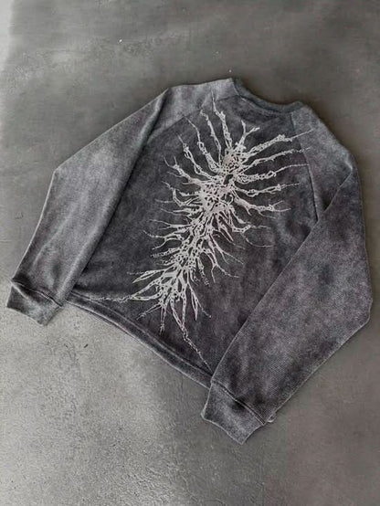 Unisex gray graphic crew neck sweatshirt with skeletal design