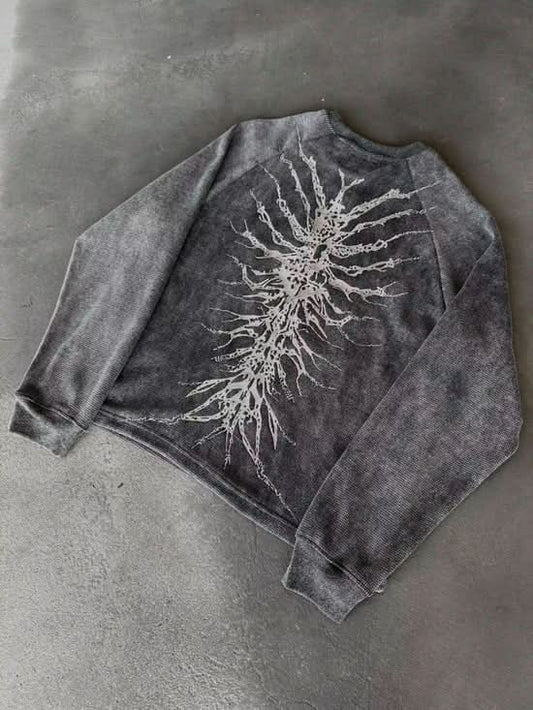 Unisex gray graphic crew neck sweatshirt with skeletal design