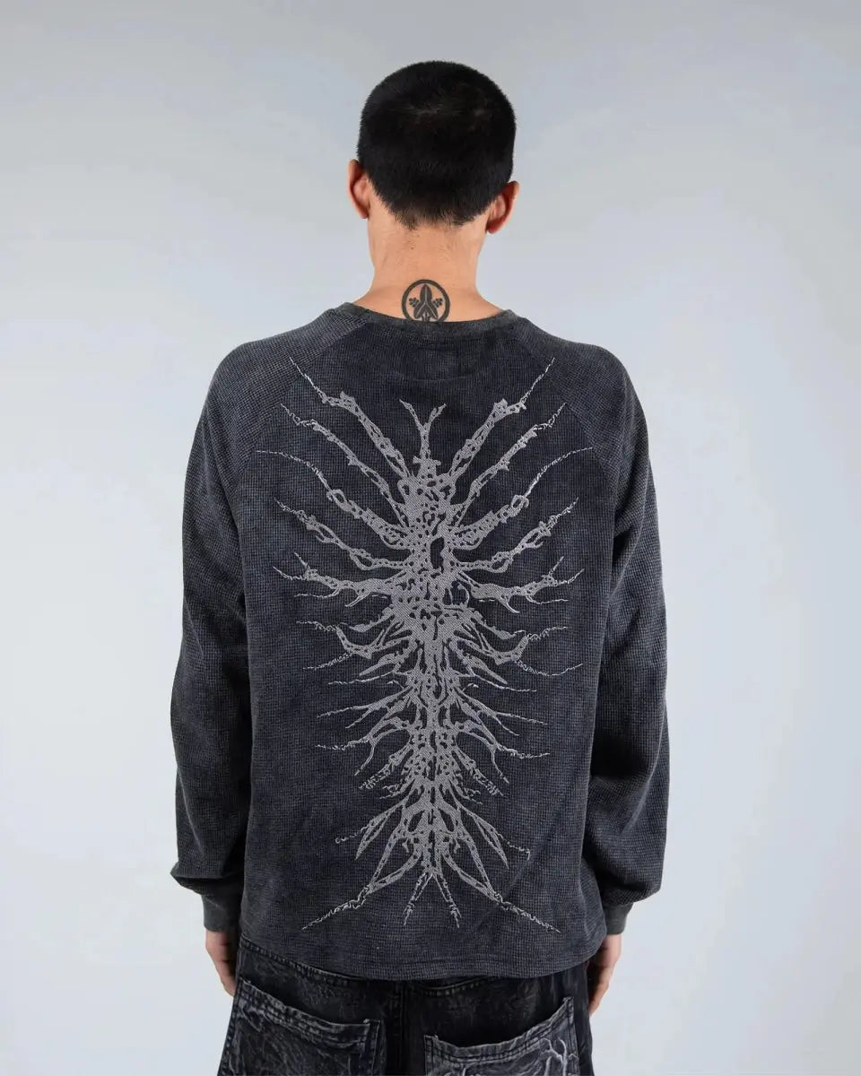 Unisex gray graphic crew neck sweatshirt with skeletal design