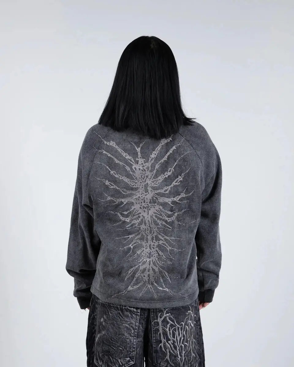 Unisex gray graphic crew neck sweatshirt with skeletal design