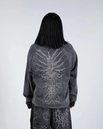 Unisex gray graphic crew neck sweatshirt with skeletal design