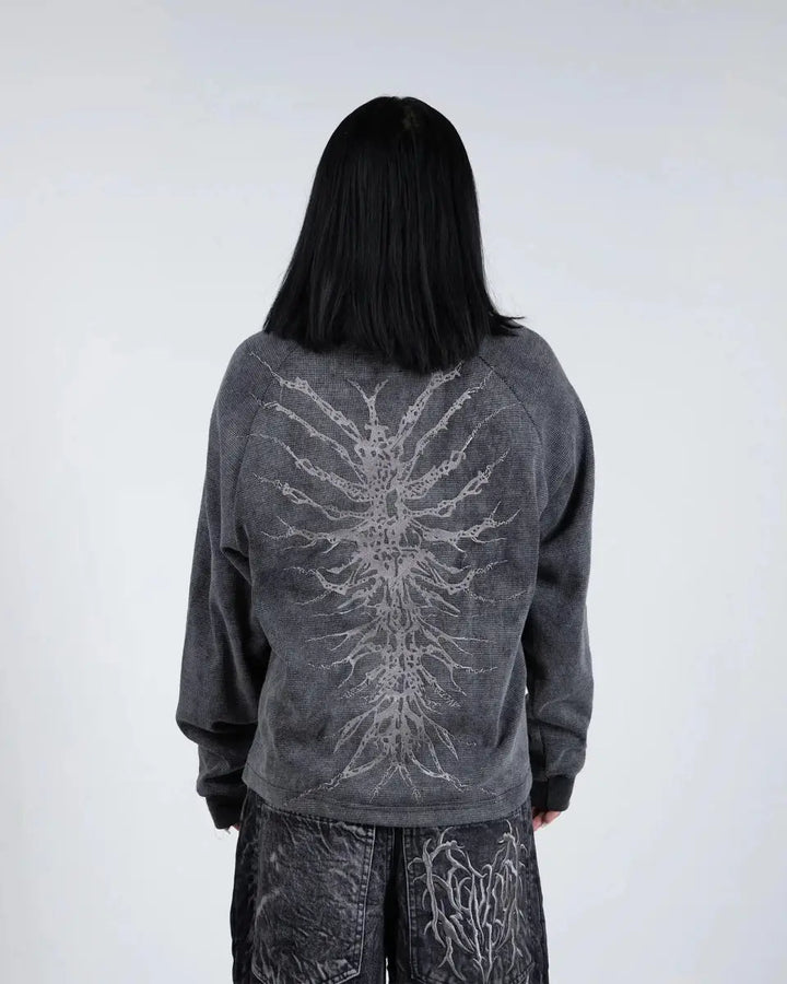 Unisex gray graphic crew neck sweatshirt with skeletal design
