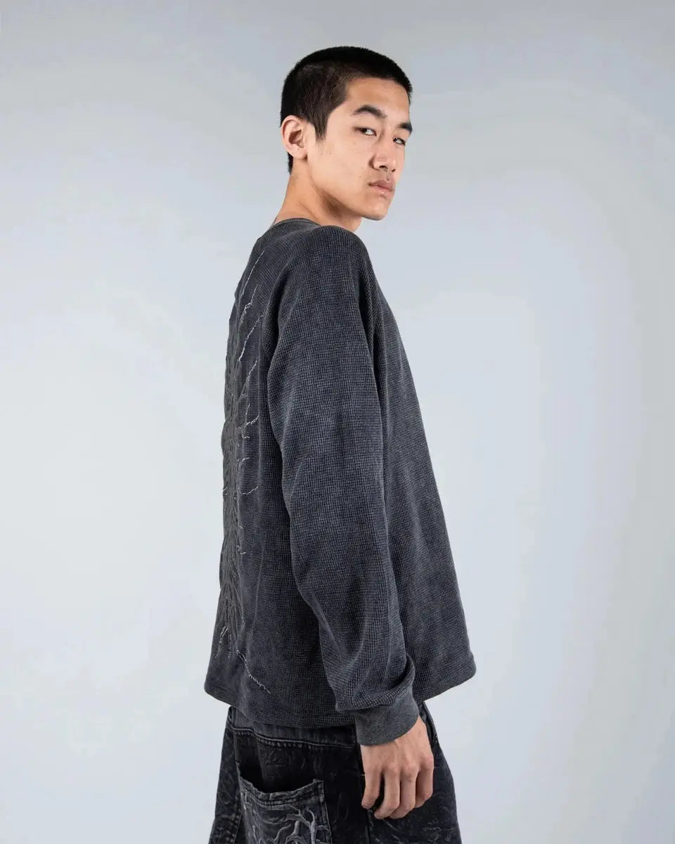 Unisex gray graphic crew neck sweatshirt with skeletal design