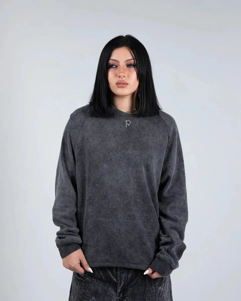 Unisex gray graphic crew neck sweatshirt with skeletal design
