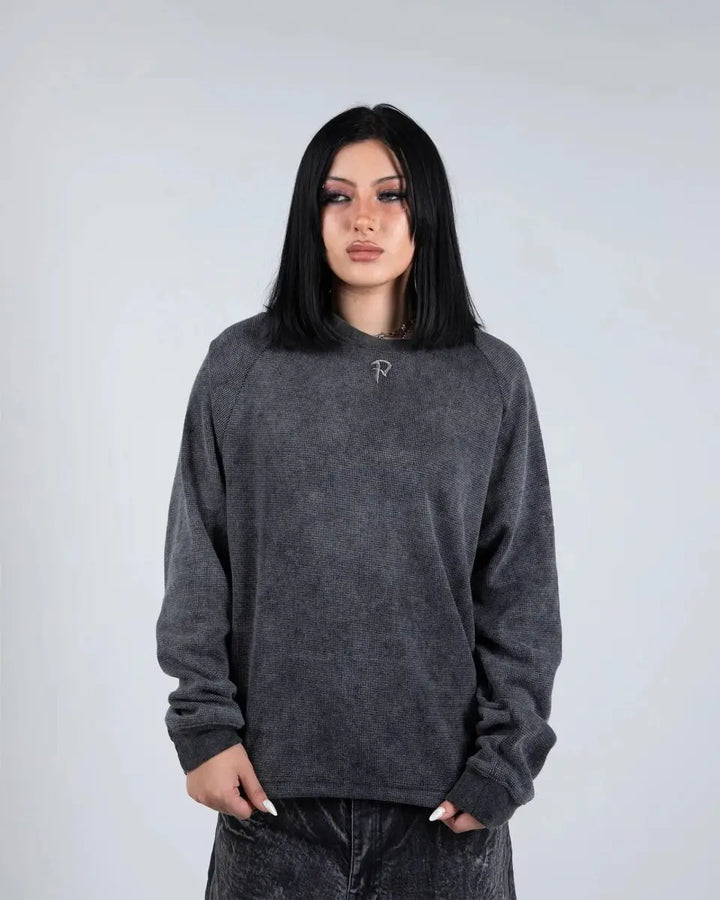 Unisex gray graphic crew neck sweatshirt with skeletal design