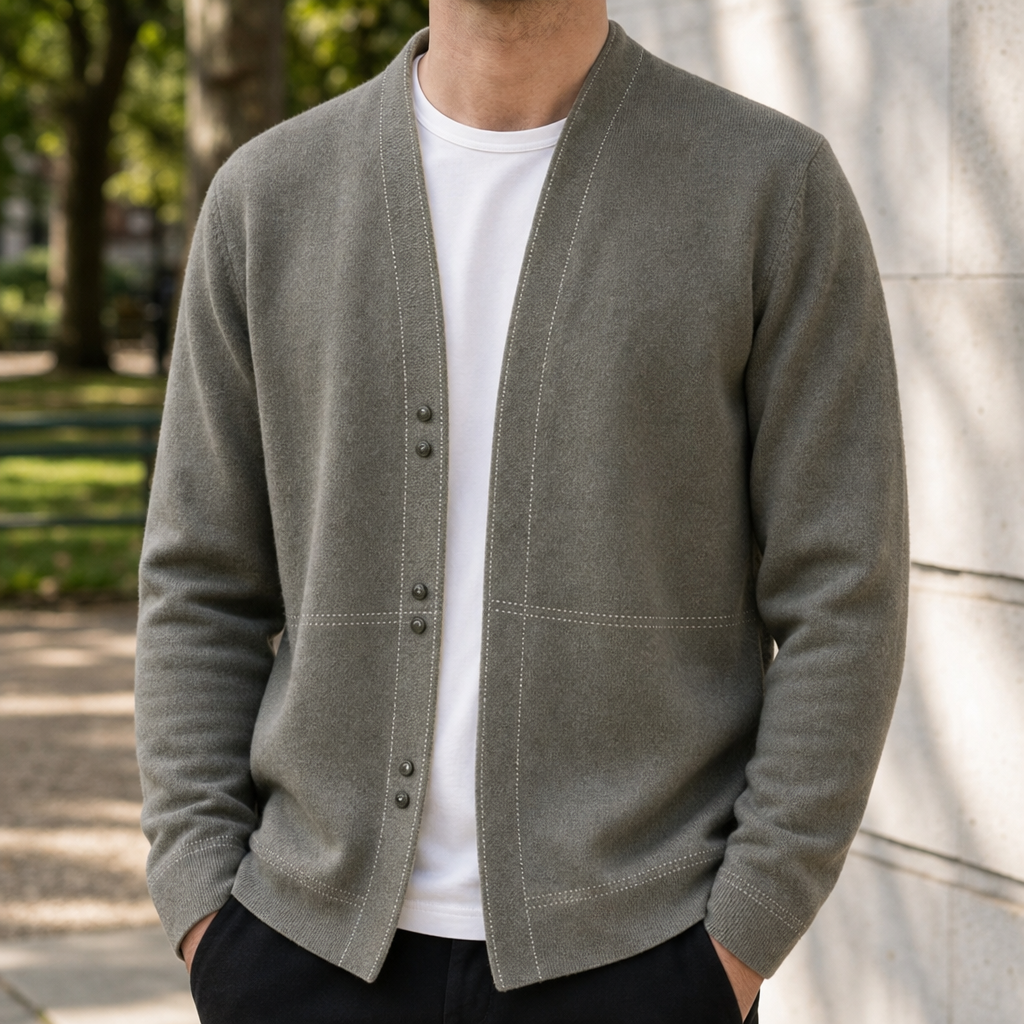 Men's long-sleeve V-neck knit cardigan with button front and contrast stitch detailing