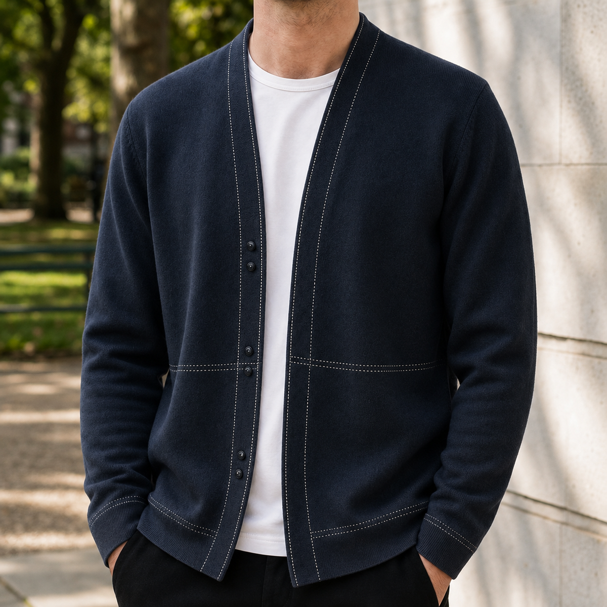 Men's long-sleeve V-neck knit cardigan with button front and contrast stitch detailing