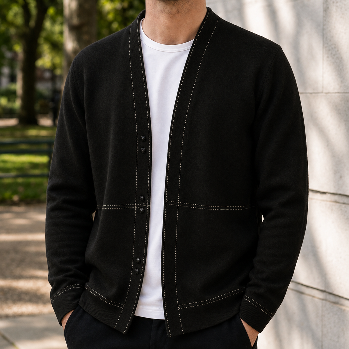 Men's long-sleeve V-neck knit cardigan with button front and contrast stitch detailing