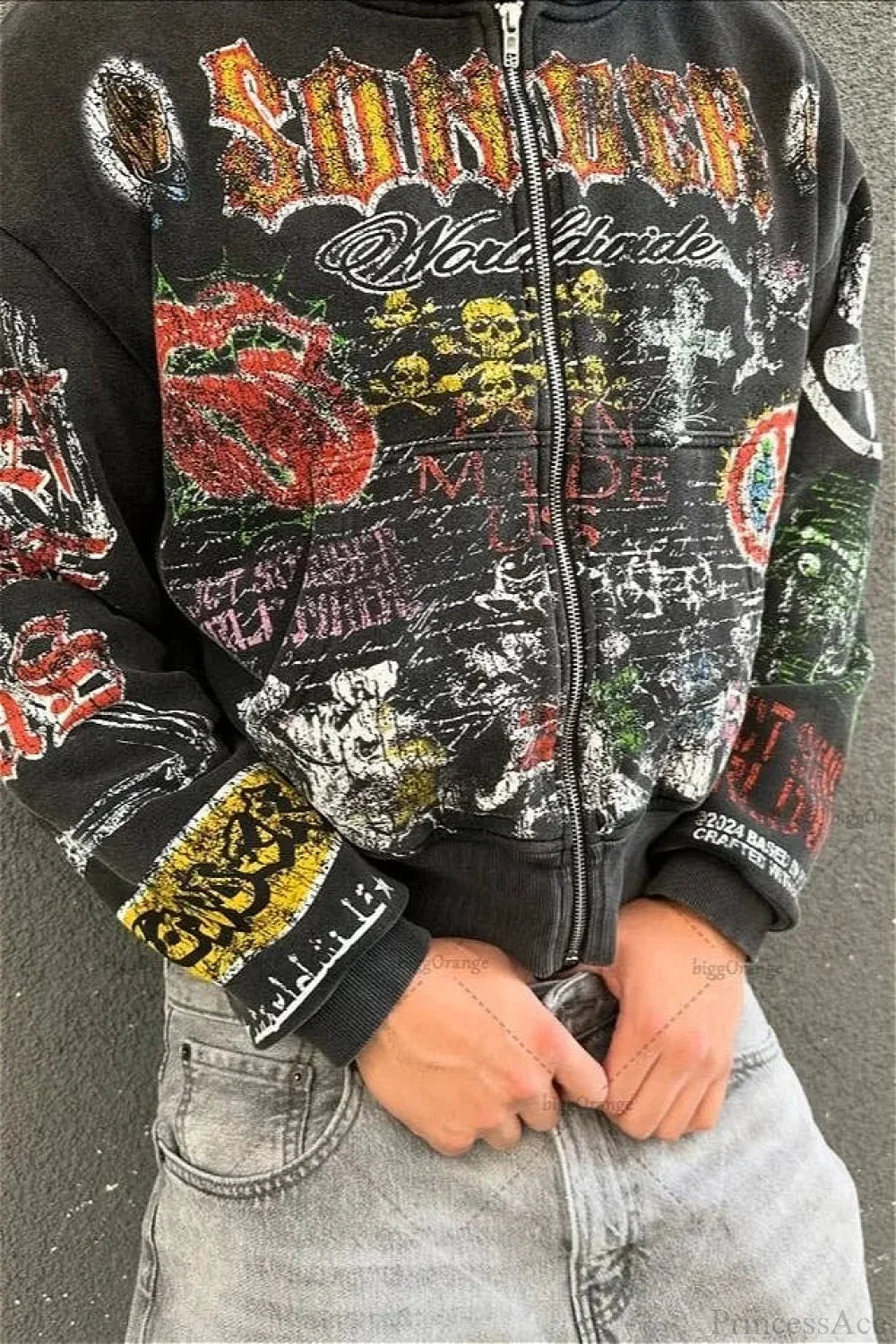 Unisex graphic zip-up hoodie with hood and printed streetwear artwork