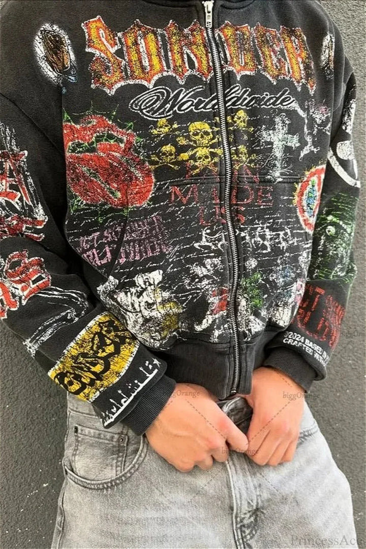 Unisex graphic zip-up hoodie with hood and printed streetwear artwork