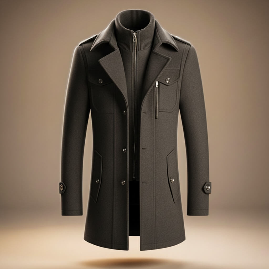 Structured long coat with high collar, lapels, button front and multiple pockets