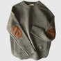 Men's knitted crew neck jumper with contrasting elbow patches and ribbed trims