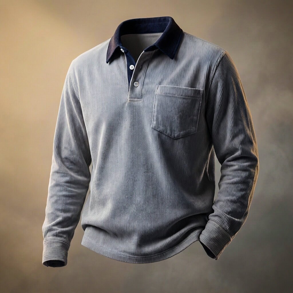 Men's long-sleeve corduroy polo shirt with point collar and chest pocket