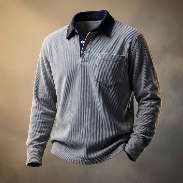 Men's long-sleeve corduroy polo shirt with point collar and chest pocket