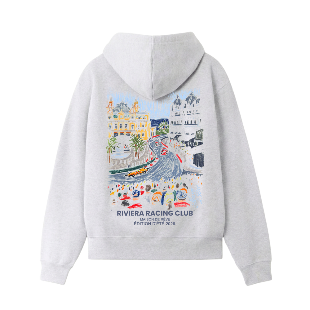 Graphic Riviera Racing Club hoodie with illustrated racing scene on the back