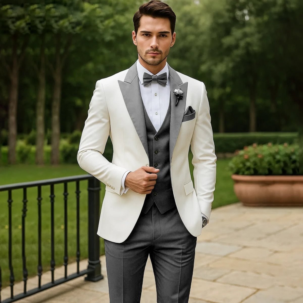 Men's three-piece tuxedo suit with shawl lapel, waistcoat, bow tie and trousers