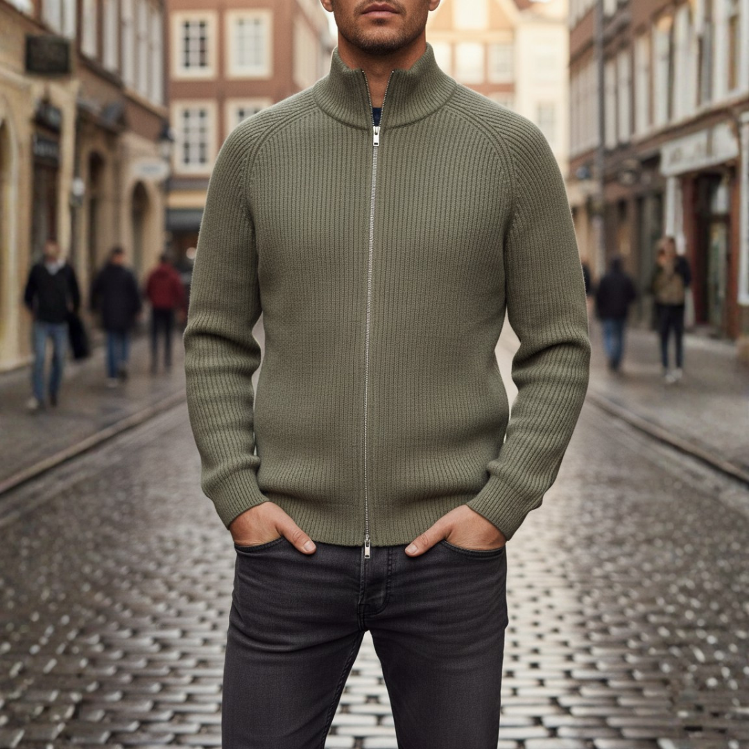 Men's ribbed knit cardigan with stand collar and full zip