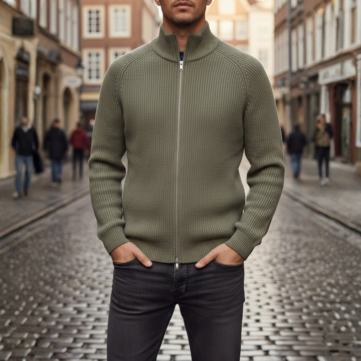 Men's ribbed knit cardigan with stand collar and full zip