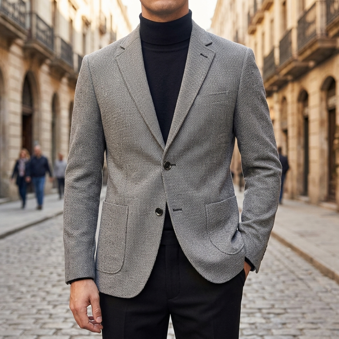 Men's slim fit textured blazer with notch lapels, long sleeves and front buttons